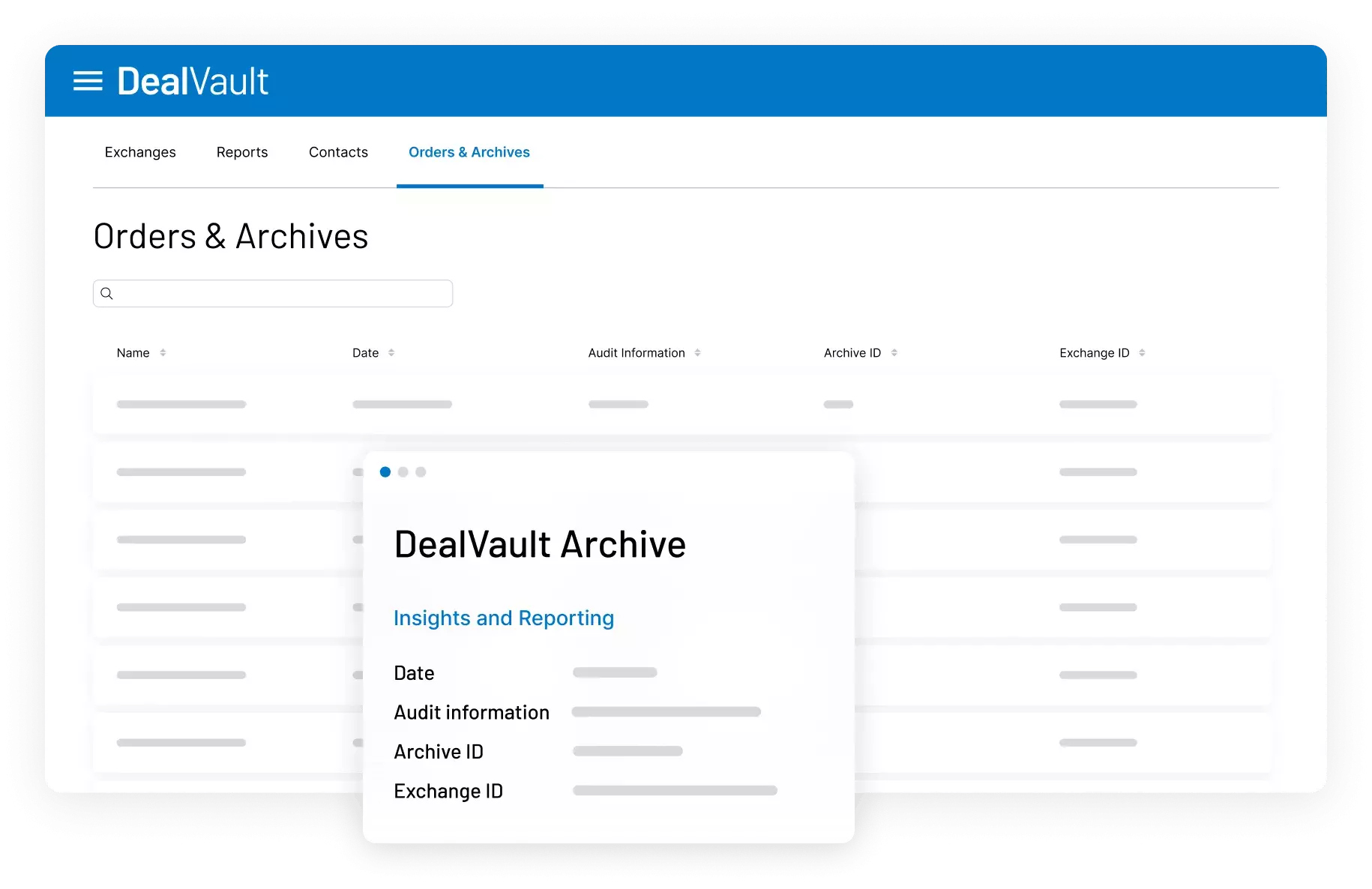 Screenshot showing DealVault Archive list